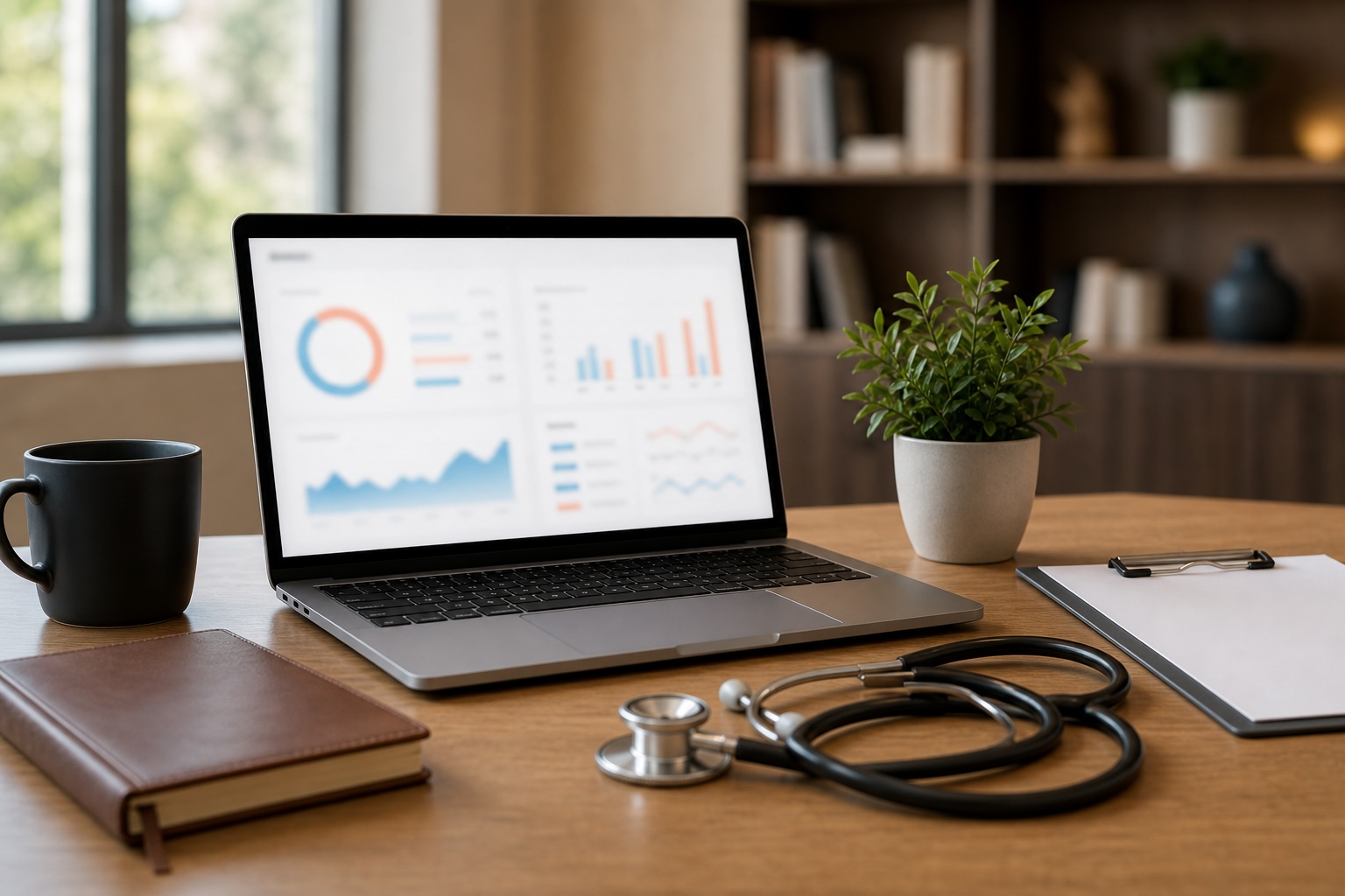 A modern healthcare administrator's workspace — laptop showing credentialing dashboard data